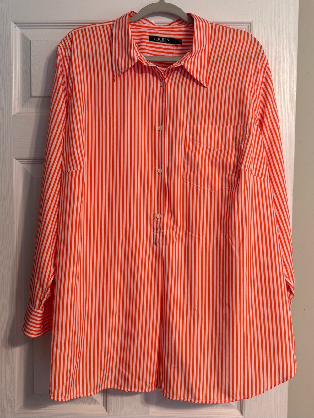 NWT Womens Lauren Ralph Lauren Bright Orange White Stripe Long Sleeve Blouse 3XL